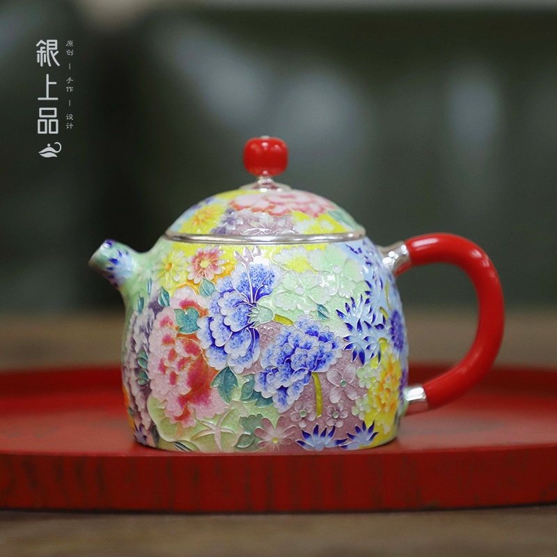 cloisonne enamel silver teapot